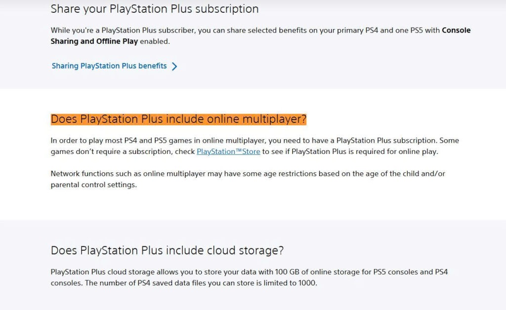 PlayStation support explaining that most PS4 and PS5 online multiplayer games require PlayStation Plus while some are exempt