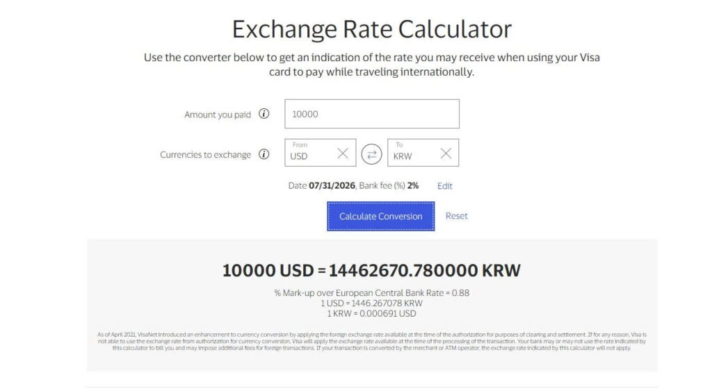 International card exchange rate calculator showing how the processing date and bank fee can affect the final posted amount.