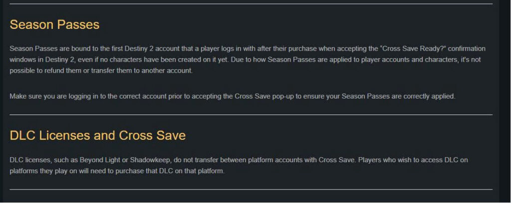 Destiny 2 guidance confirming that Cross Save carries characters but does not transfer DLC licenses between platforms.