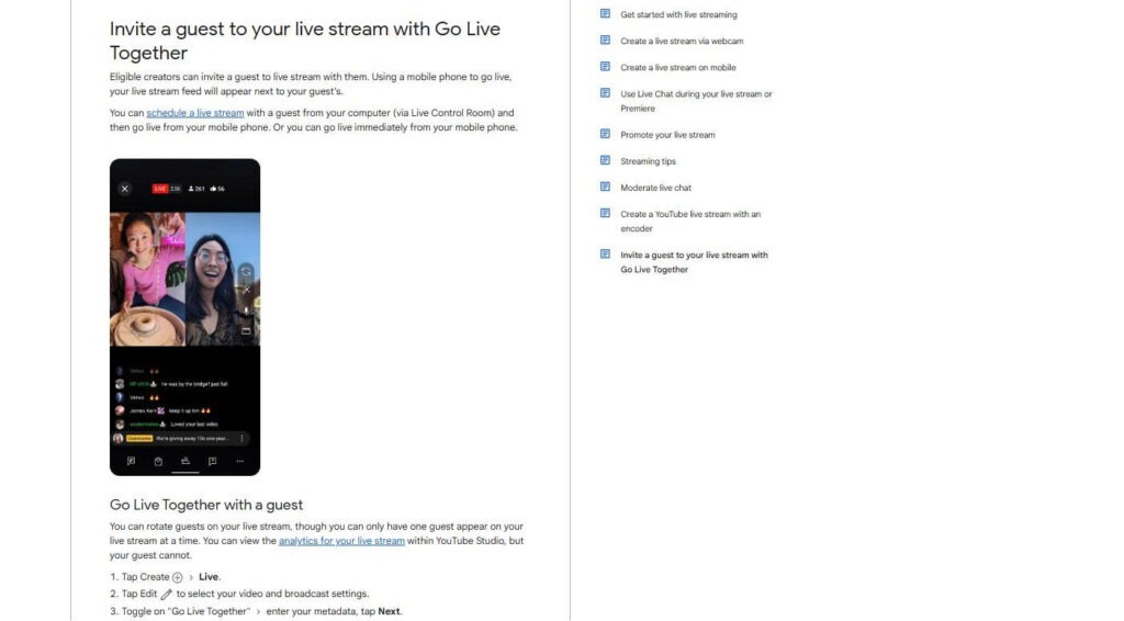 YouTube Go Live Together illustrating a host channel inviting a guest into a single livestream.