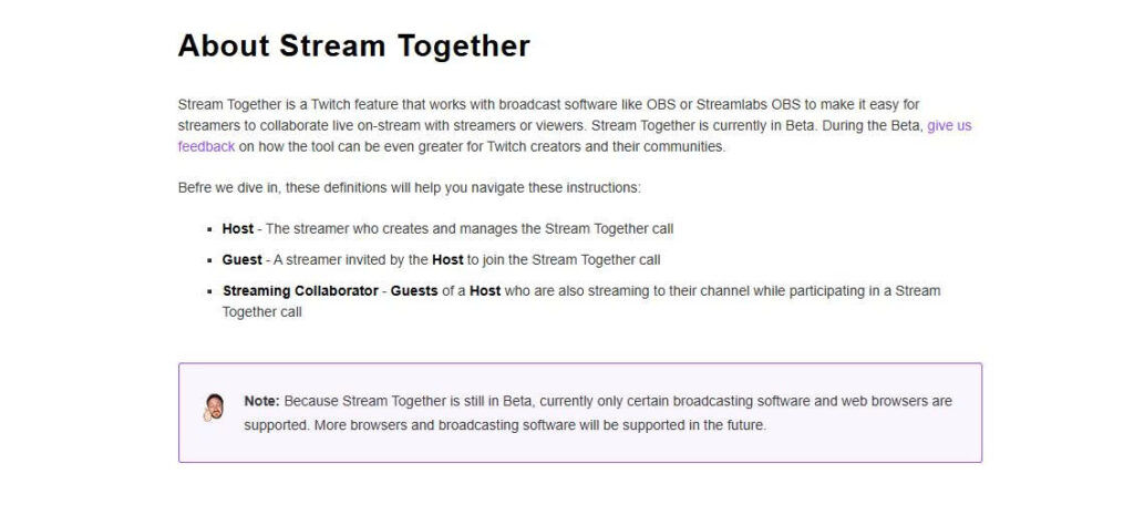 Twitch Stream Together distinguishing the host, guest, and streaming collaborator broadcasting to an individual channel.