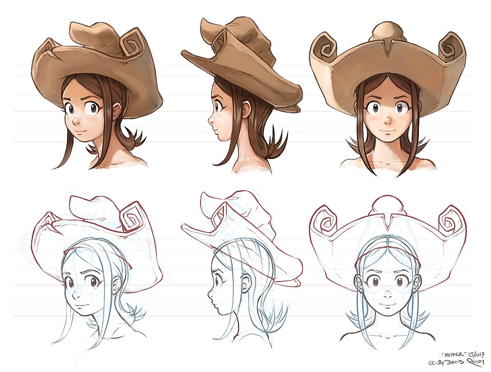 Animation character model sheet showing multiple viewing angles, body proportions, costume details, and expressions for visual consistency.