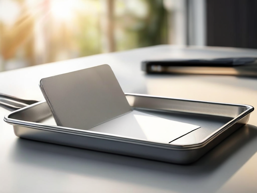 Blank tab dividers and a clear storage tray on brushed metal, organized with morning light and shallow depth of field.