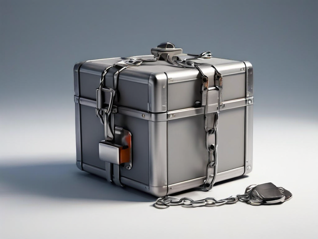 A sealed metal storage case and small blocks on a matte gray surface, representing organized digital file locations.