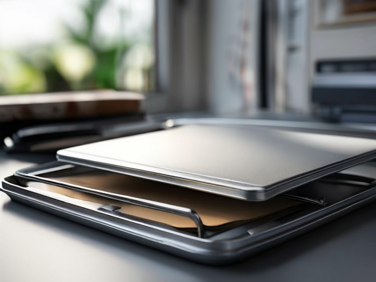 Blank divider cards and a compact storage tray on a brushed metal surface, organized under morning light.