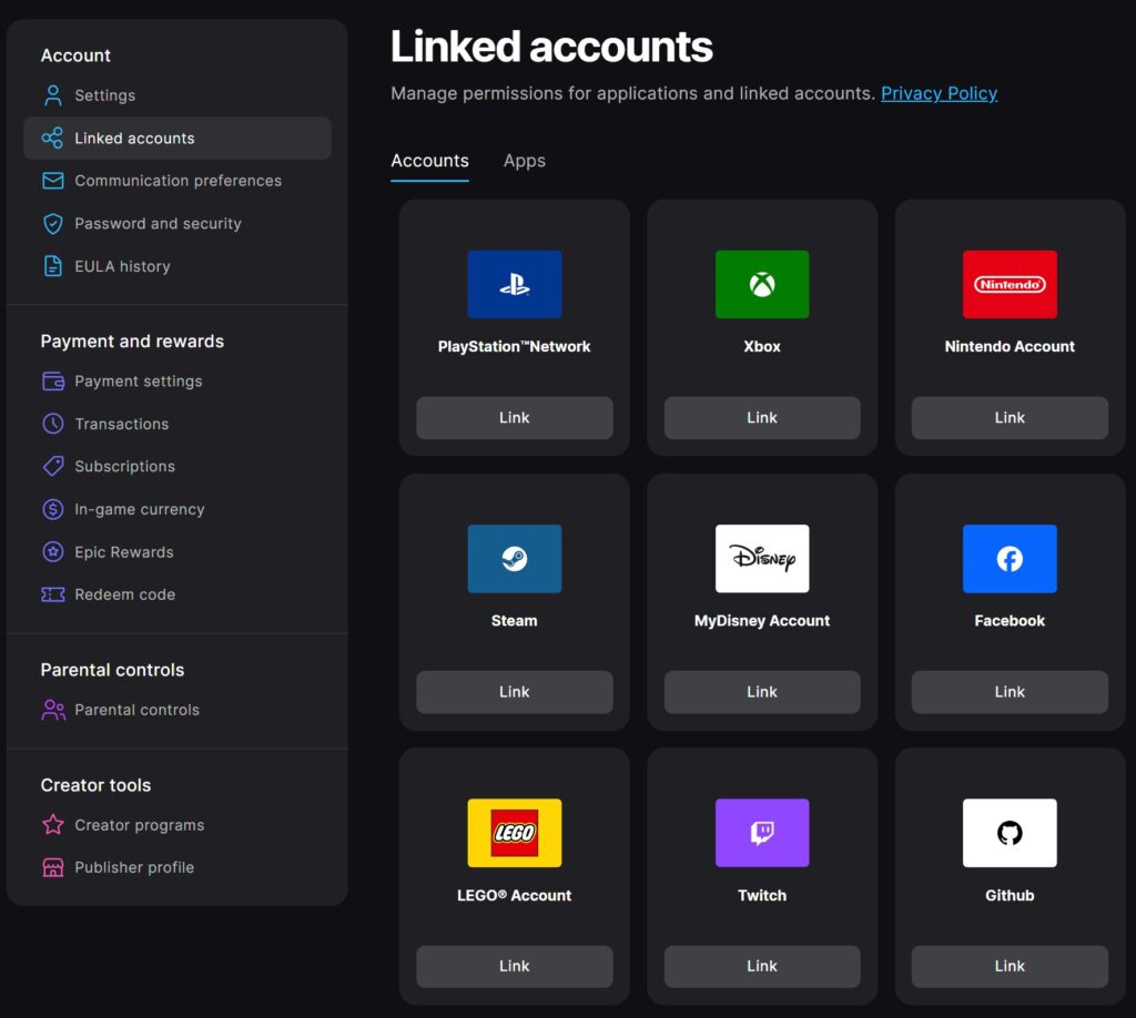 Epic Games Linked Accounts page used to verify connected PlayStation, Xbox, Nintendo, or Steam accounts.