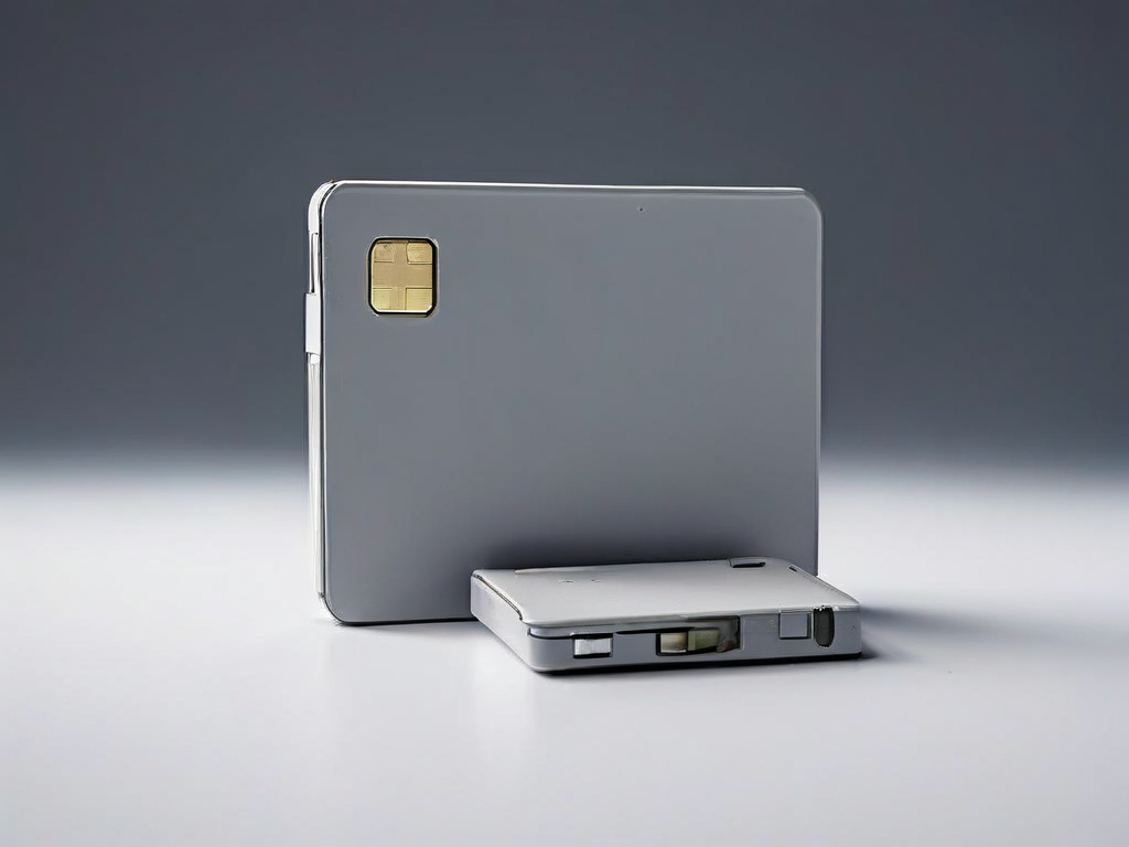 Three blank storage items arranged on a gray studio surface: a memory card, a sealed external drive, and a photo sleeve for...