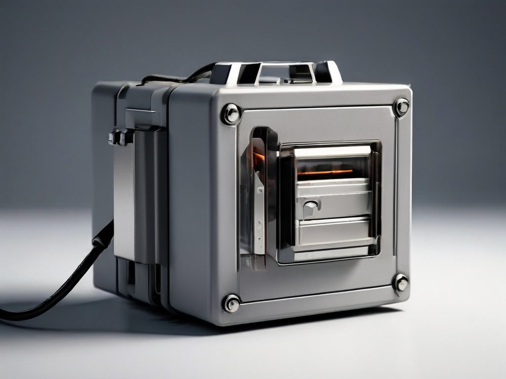 Close-up of a sealed hard drive with model tags and cable slots on a matte gray surface, soft side light, clean shadow, minimal...
