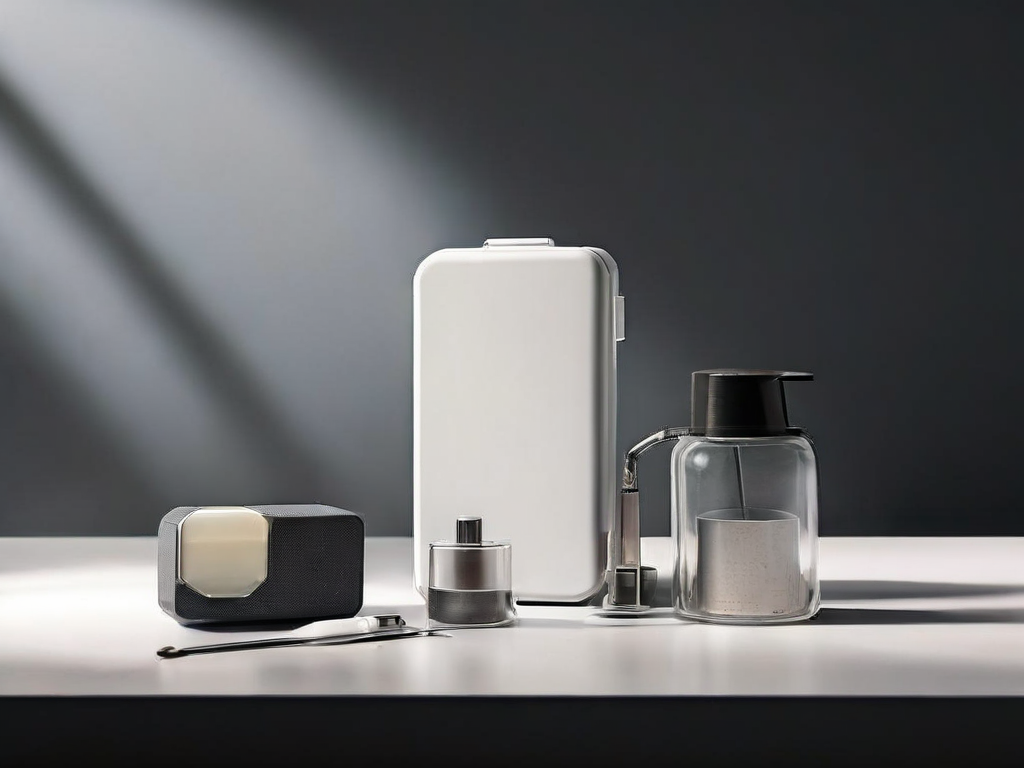 A portable storage drive with blank data blocks and a capacity gauge on a neutral stone counter, illustrating digital cleanup...