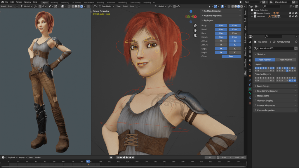 Rigged 3D character model optimized for movement, facial expressions, and rendering within a digital production pipeline.