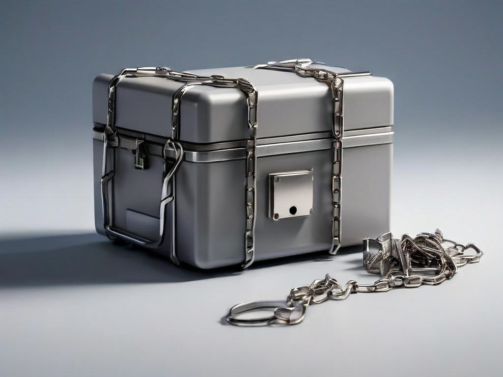 A metal security case, short chain, and small blocks on a gray surface.